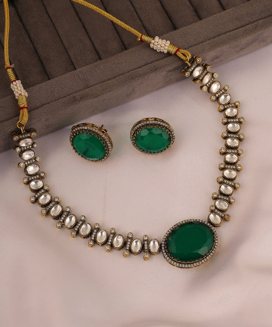 Polki And Centre Emerald Stone Studded Necklace