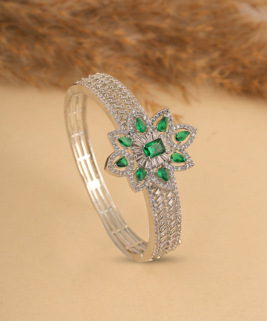 Emerald Studded Flower Shaped Artificial Diamond Bracelet