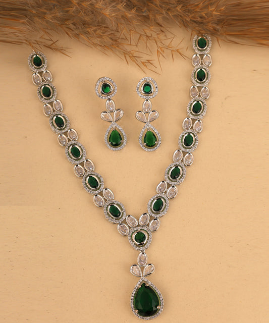 Tear Drop Pattern Inspired Emerald Artificial Diamond Necklace