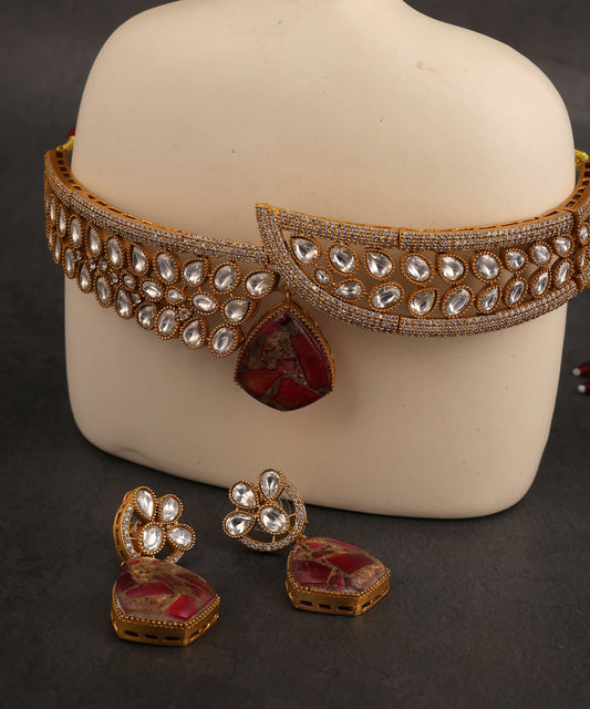 Avni Choker/Necklace Featuring Polki And Ruby Doublet Stone Drop