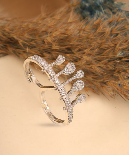 Crystal Studded Double Finger Silver Artificial Diamond Ring