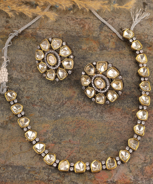 Sleek Polki Necklace In Oxidised Gold Finish
