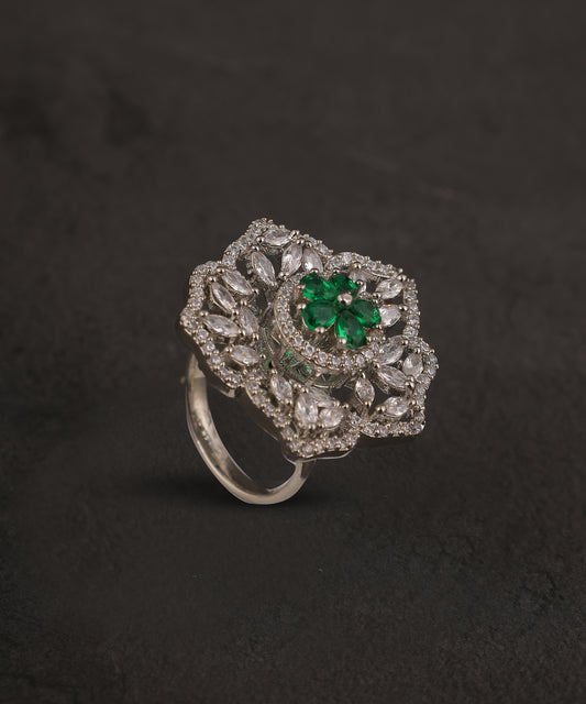 Flower Shaped Crystal And Emerald Stone Studded Artificial Diamond Ring
