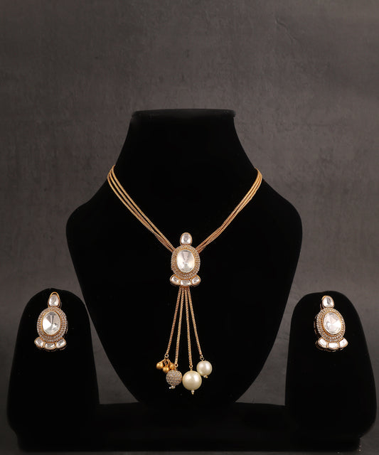 Sleek Polki Necklace In Oxidised Gold Finish