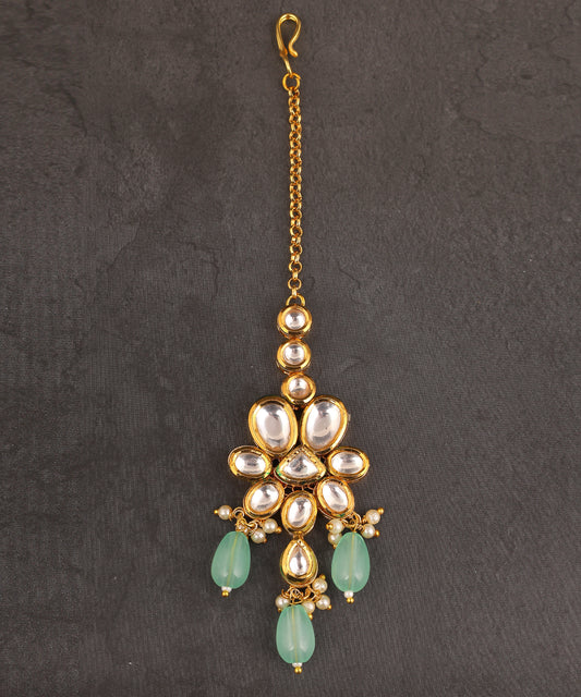 Kundan And Mint Green Drops Maangtikka