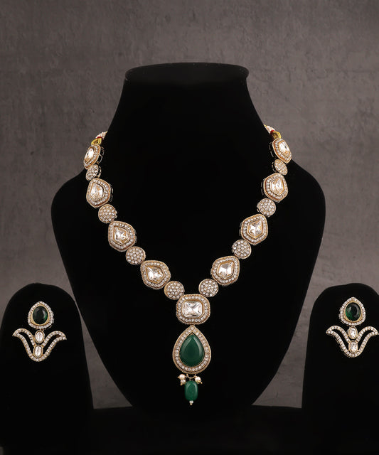 Polki And Stone Studded Emerald Drop Necklace