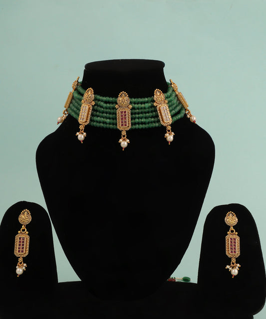 Majenta Beads And Polki Doube Layered Necklace