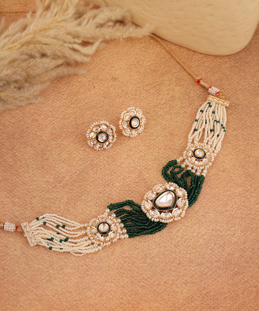 Green Beads And Pearl Polki Choker