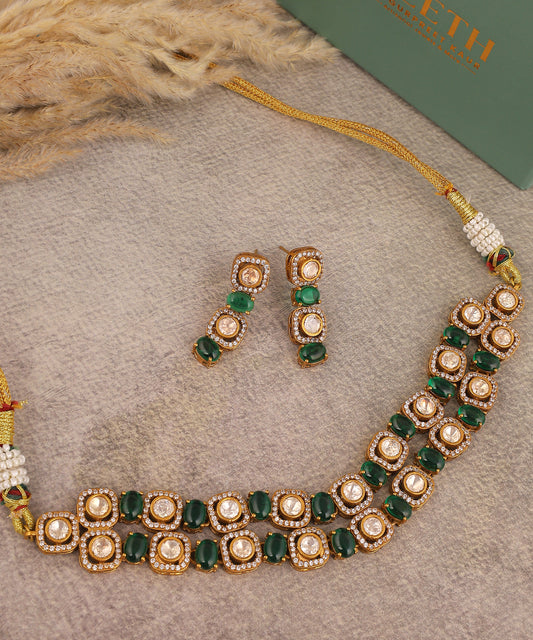 Double Layerefd Polki And Emerald Choker
