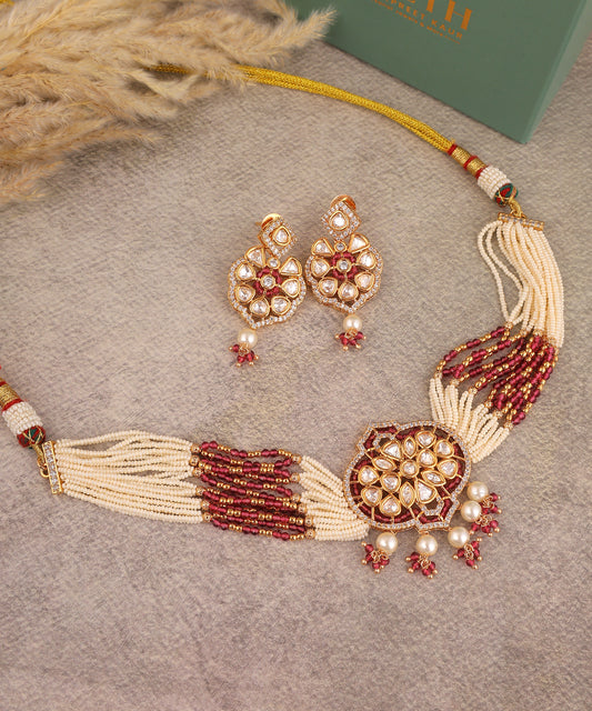 Ruby Beads And Polki Pearl Choker/Necklace