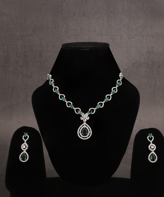 Leaf Patterned Emerald Studded Artificial Diamond Necklace
