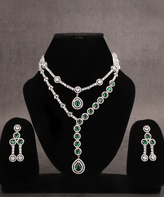 Double Layered Emerald Longline Artificial Diamond Necklace