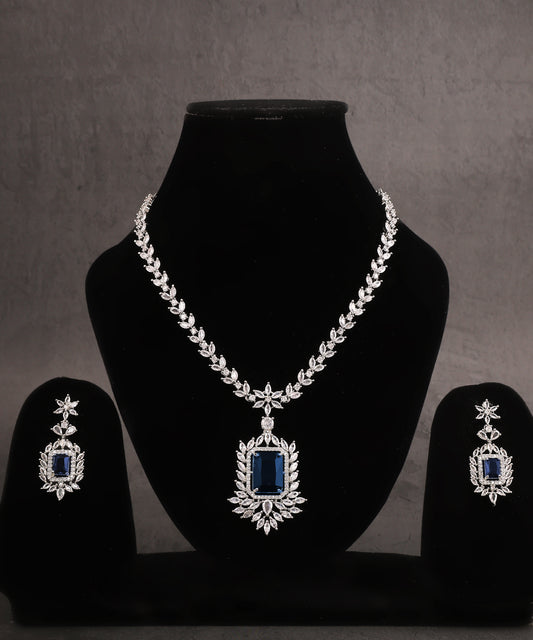 Artificial Diamond Necklace With Statement Sapphire Stone Pendant