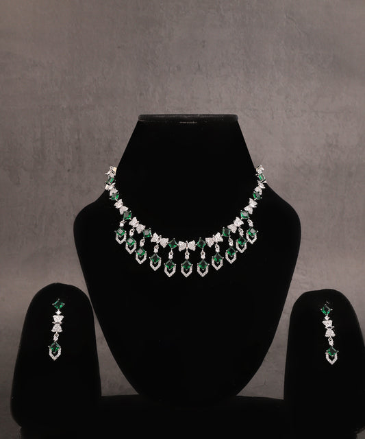 Designer Crystal And Emerald Drops Studded Artificial Diamond Necklace