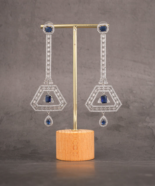 Long And Slender Sapphire And Crystal Studded Statement Earrings