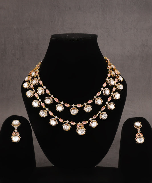 Double Layered Baby Pink Stone Studded And Polki Drops Necklace