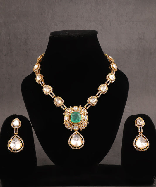 Polki Necklace With Statement Mint Green Stone