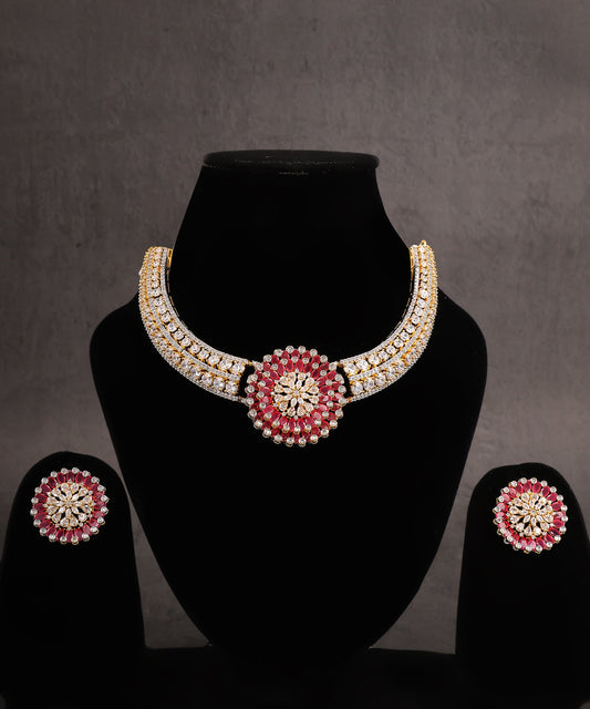Gold Plated Crystal And Ruby Stones Studded Collar Artificial Diamond Necklace