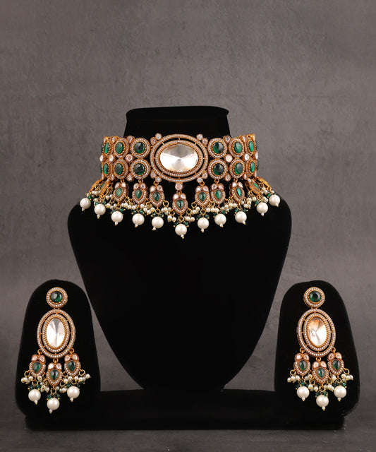 Sajdha Choker/Necklace Featuring Emerald Stones And Statement Polki