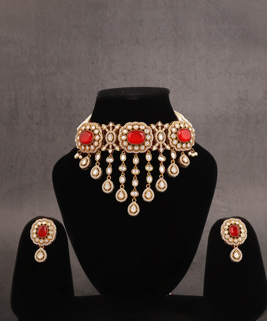 Jharna Necklace Featuring Polki Drops And Red Doublet Stone