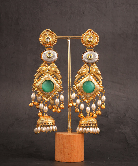 Gold Toned Turquoise And Grey Long Jhumkas/Earrings