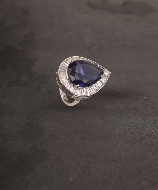 Sapphire And Crystal Studded Tear Drop Shaped Big Ring