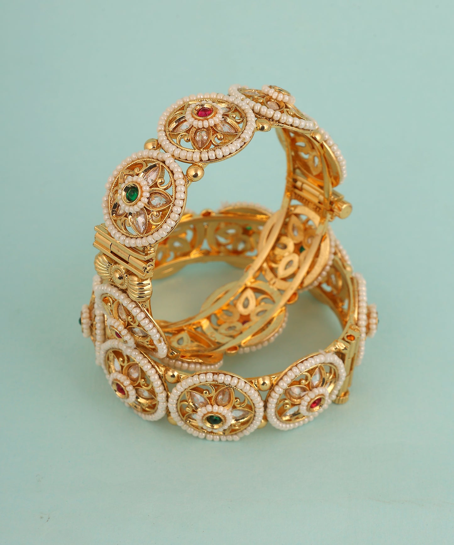 Pearl And Kundan Studded Gold Finished Bangles