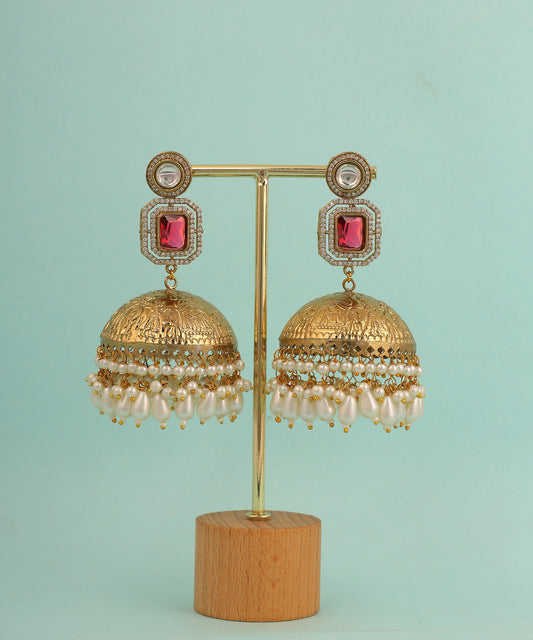 Gold Toned Big Jhumkas/Earrings With Ruby Stone