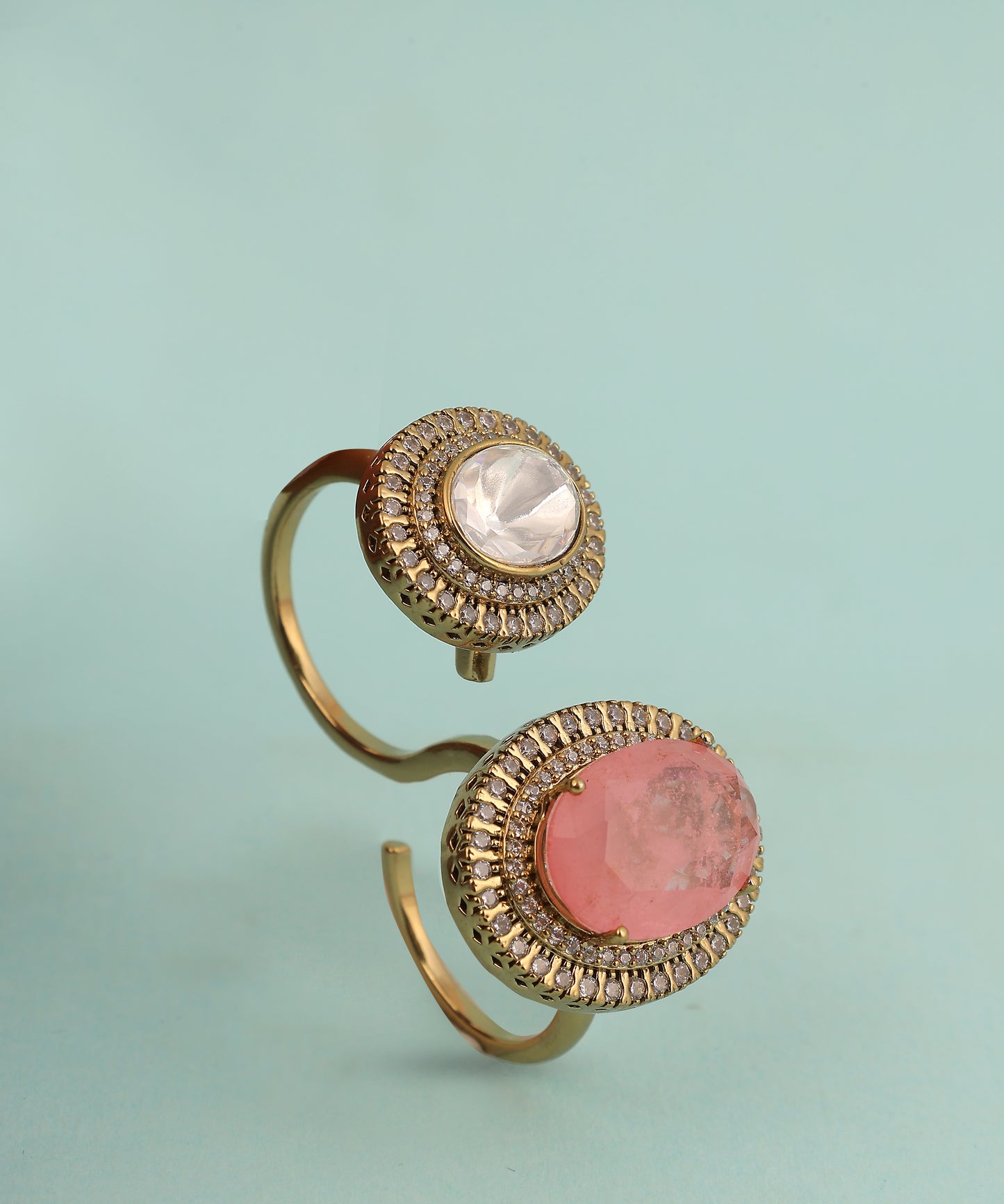 Double Finger Polki And Baby Pink Doublet Stone Ring
