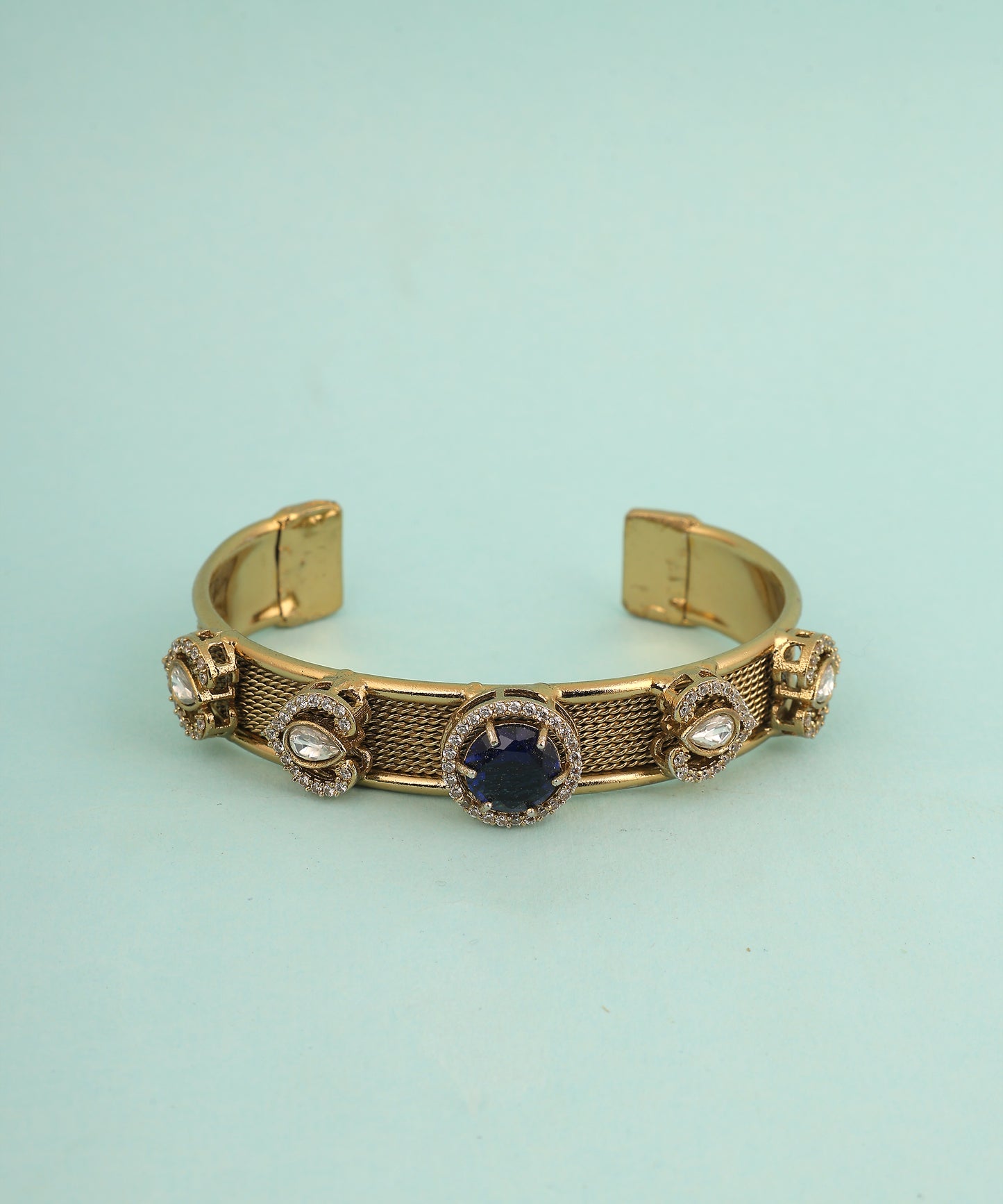 Oxidised Gold Polki And Saphhire Studded Brass Bracelet