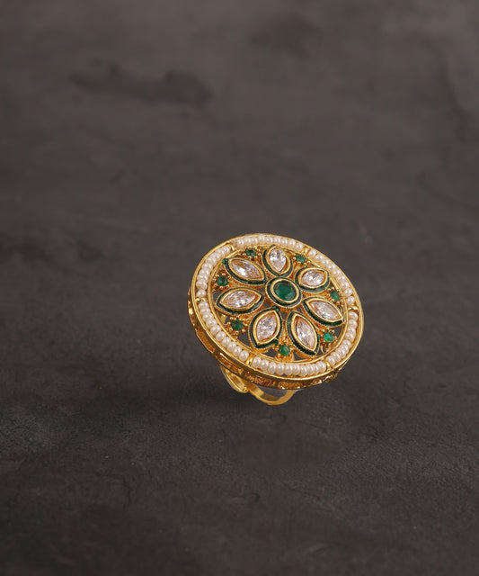 Kundan And Pearl Studded Circular Big Ring With Emerald Stone