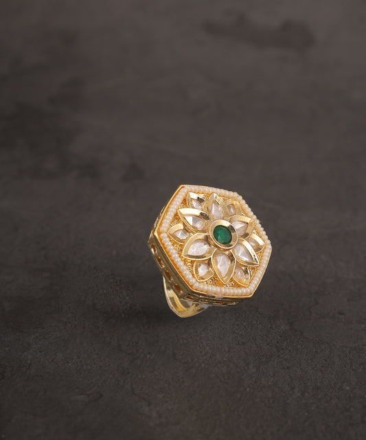 Hexagonal Kundan And Emerald Stone Studded Big Ring