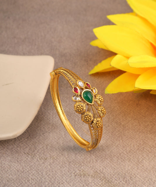 Peacock Inspired Gold Toned Bracelet With Emerald And Ruby Stones