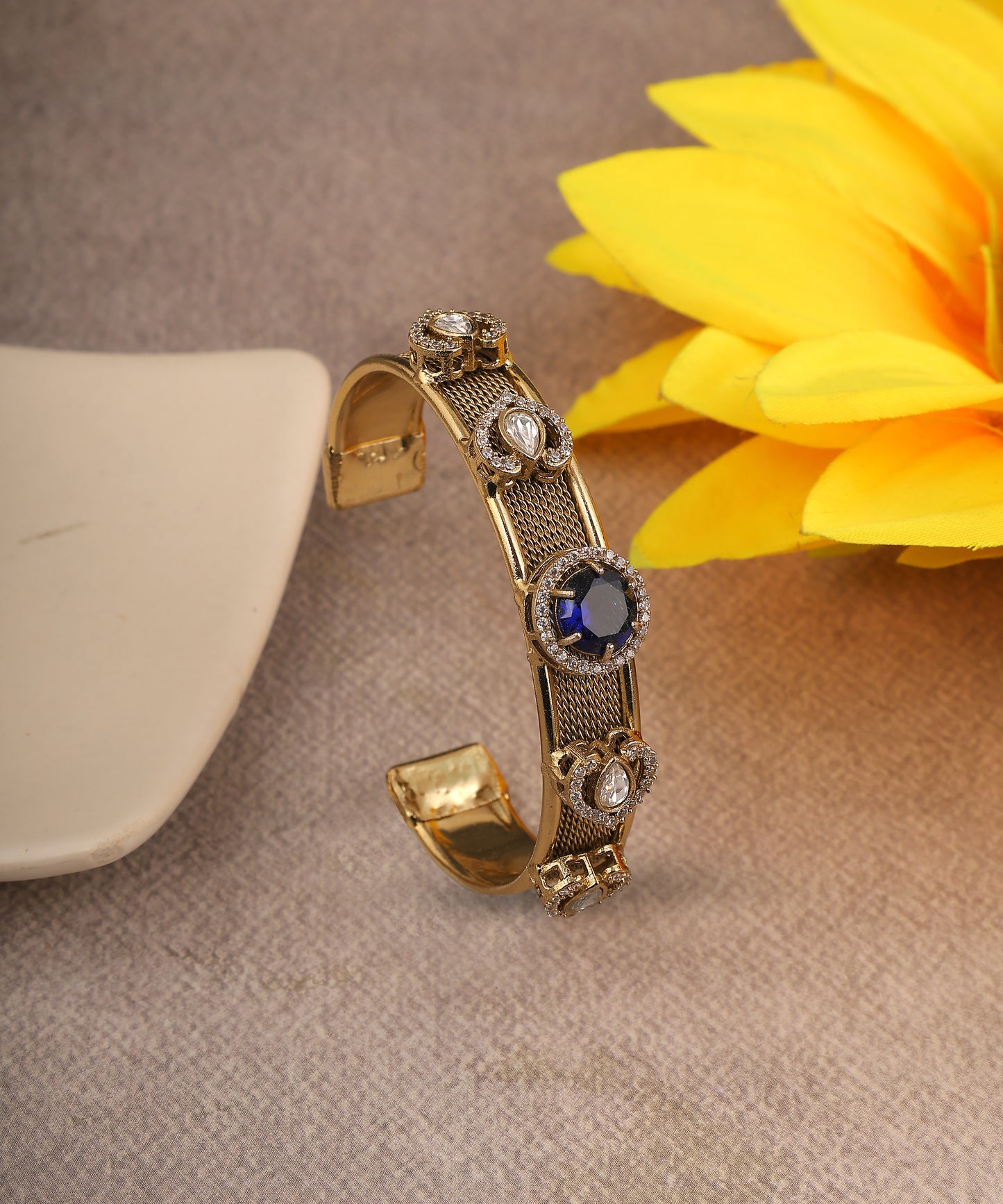 Oxidised Gold Polki And Saphhire Studded Brass Bracelet