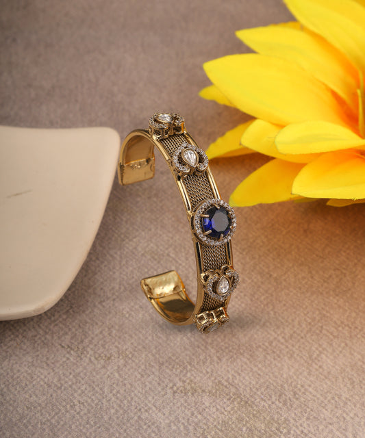 Oxidised Gold Polki And Saphhire Studded Brass Bracelet