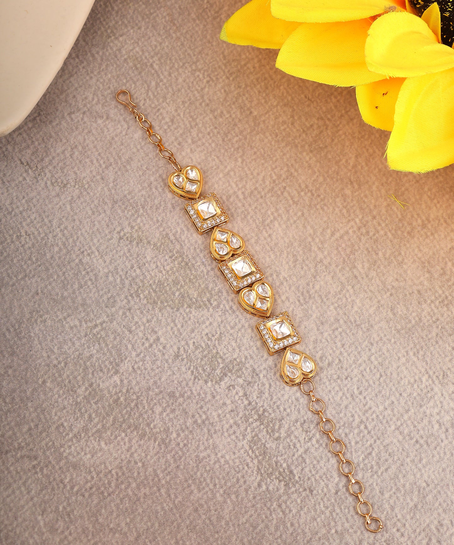 Heart & Square Polki Studded Gold Toned Bracelets