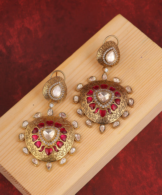 22K Gold Plated Polki And Ruby Stone Earrings