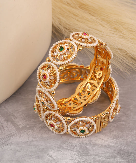 Pearl And Kundan Studded Gold Finished Bangles
