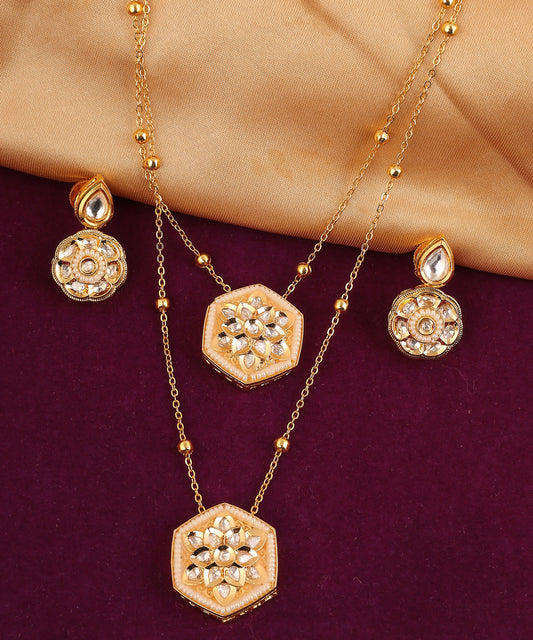 Double Chain Layered Kundan Pendant Necklace