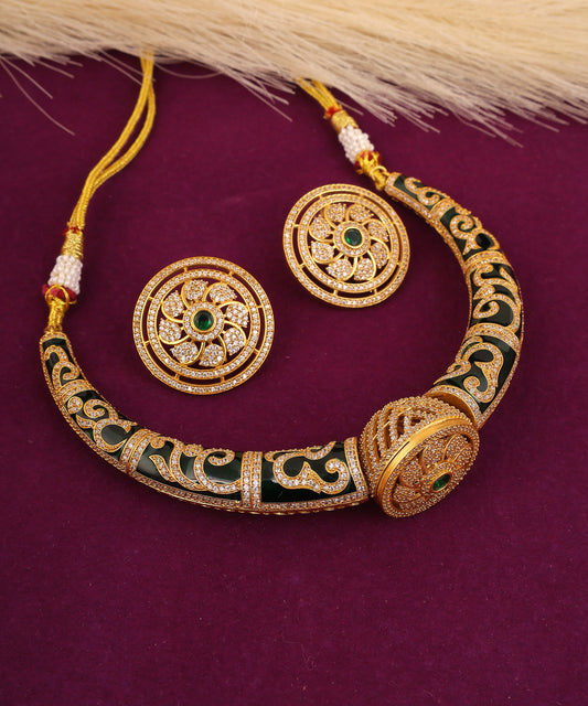 Sahiba Hasli/Necklace Featuring Emerald Enamelling And Crystal Studded Centre