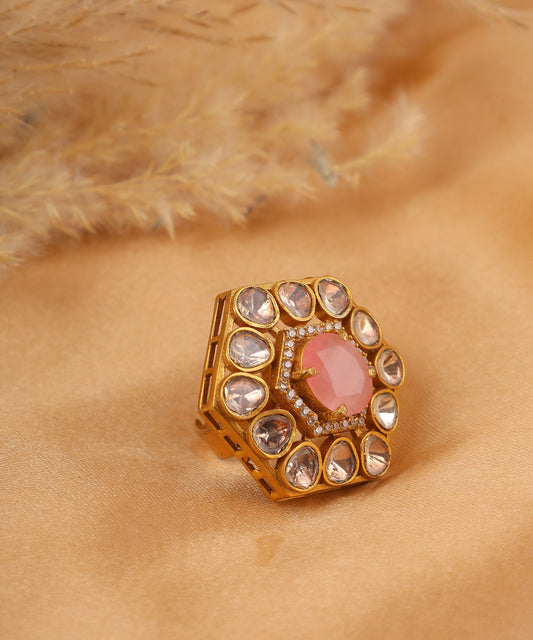 Hexagonal Polki Ring With Statement Baby Pink Stone