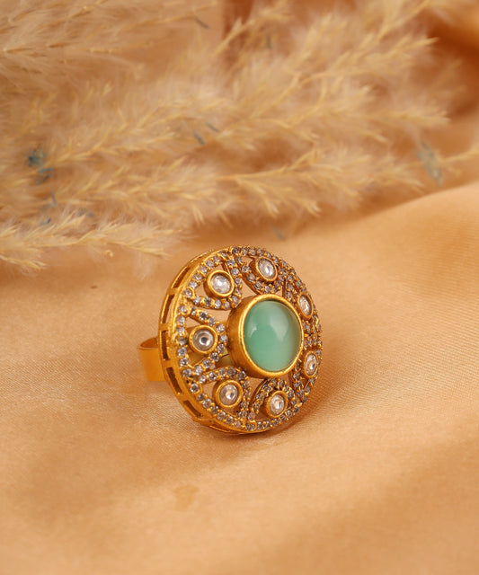 Circular Polki Ring With Statement Mint Green Stone