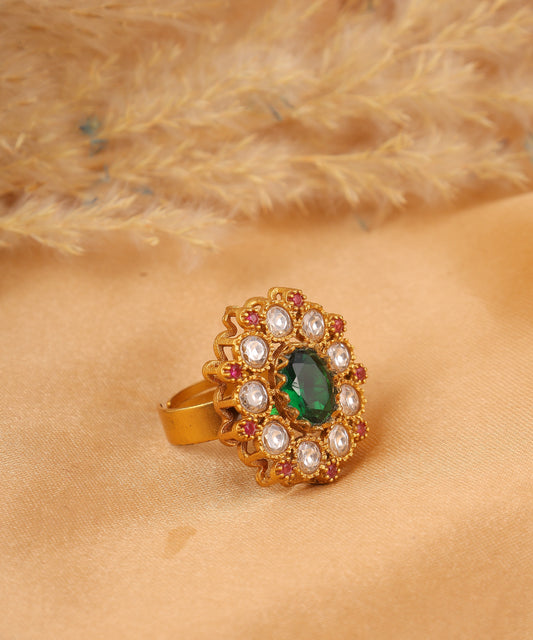 Ruby Stone Studded Polki Ring With Statement Emerald Stone