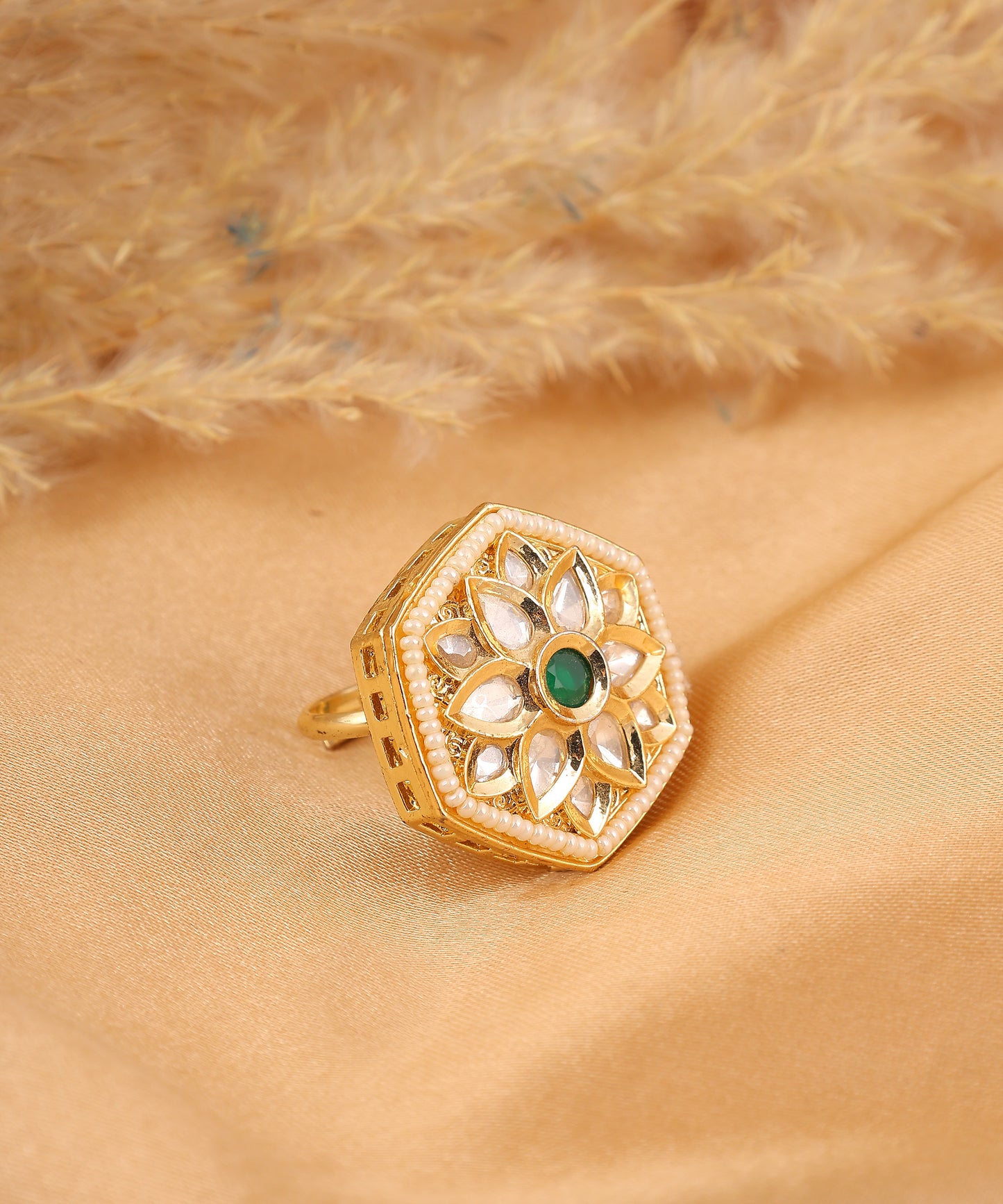Hexagonal Kundan And Emerald Stone Studded Big Ring