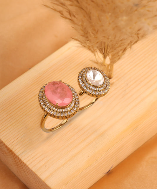 Double Finger Polki And Baby Pink Doublet Stone Ring