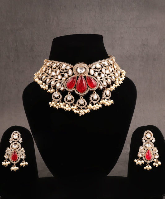 Nazakat Choker Set Featuring Polkis, Pearl And Statement Pink Stones