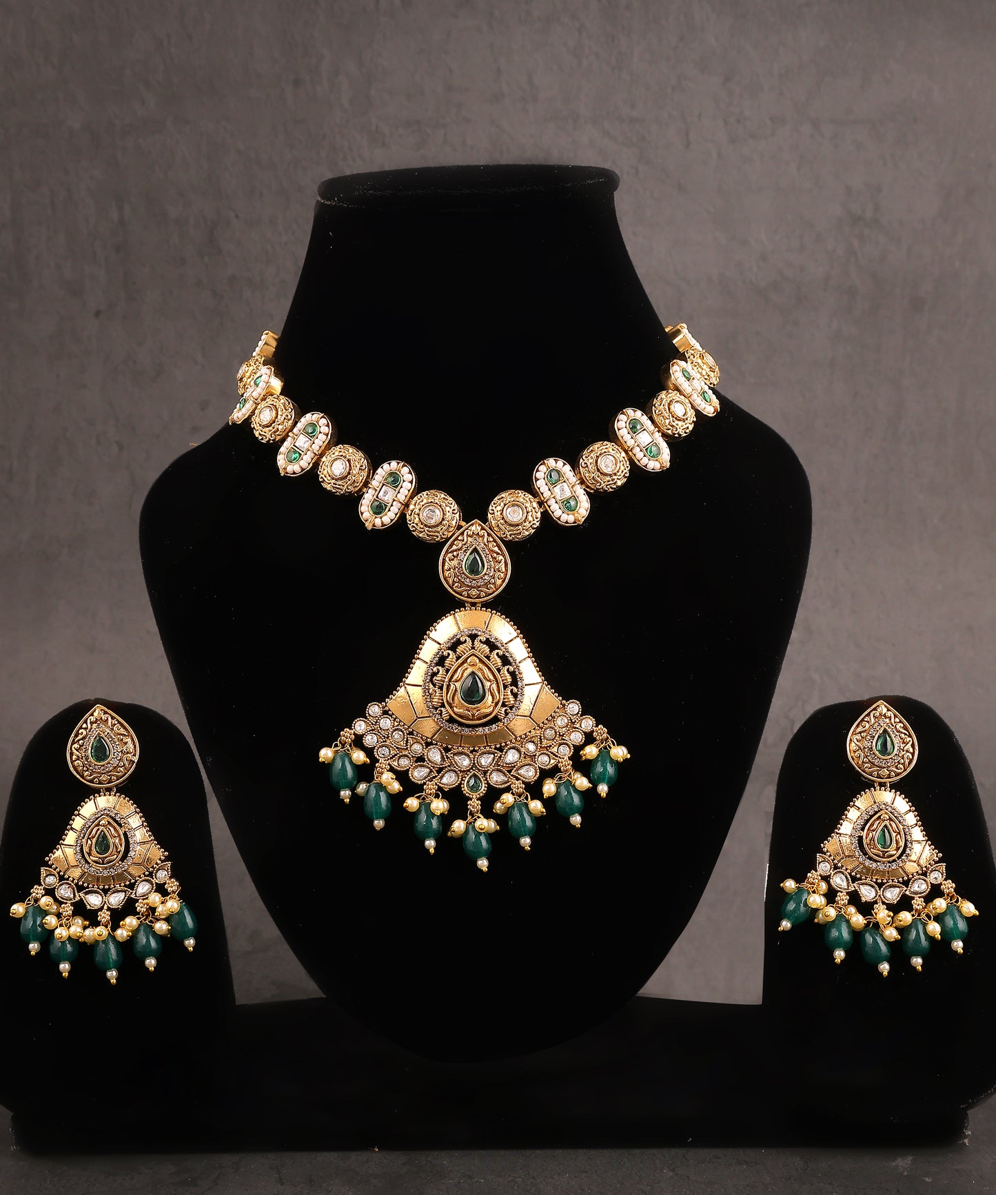 Sajda Necklace Featuring 18k Gold Plating With emerald Drops, Pearls And Kundan