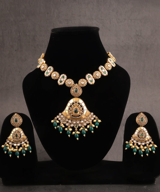 Sajda Necklace Featuring 18k Gold Plating With emerald Drops, Pearls And Kundan