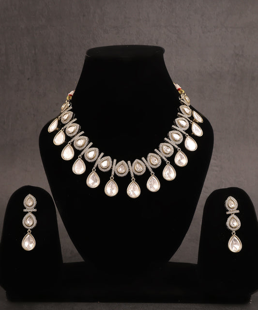 Polki Tear Drop Necklace Set With Oxidised Gold Finishing