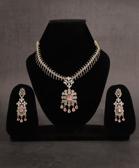 Floral Baby Pink Gold Toned Artificial Diamond Necklace